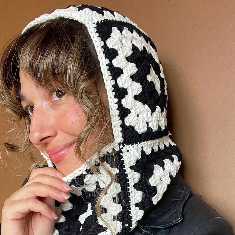 Aiertu  -  Women Knitted Balaclava Cap Winter Woolen Beanie Hats Handmade Crochet Floral Hat Girl Fashion Bonnet Neck Ear Warmer Hooded Hat Aiertu