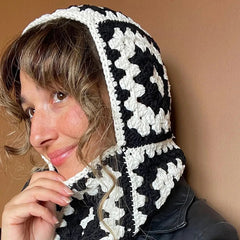 Aiertu  -  Women Knitted Balaclava Cap Winter Woolen Beanie Hats Handmade Crochet Floral Hat Girl Fashion Bonnet Neck Ear Warmer Hooded Hat Aiertu