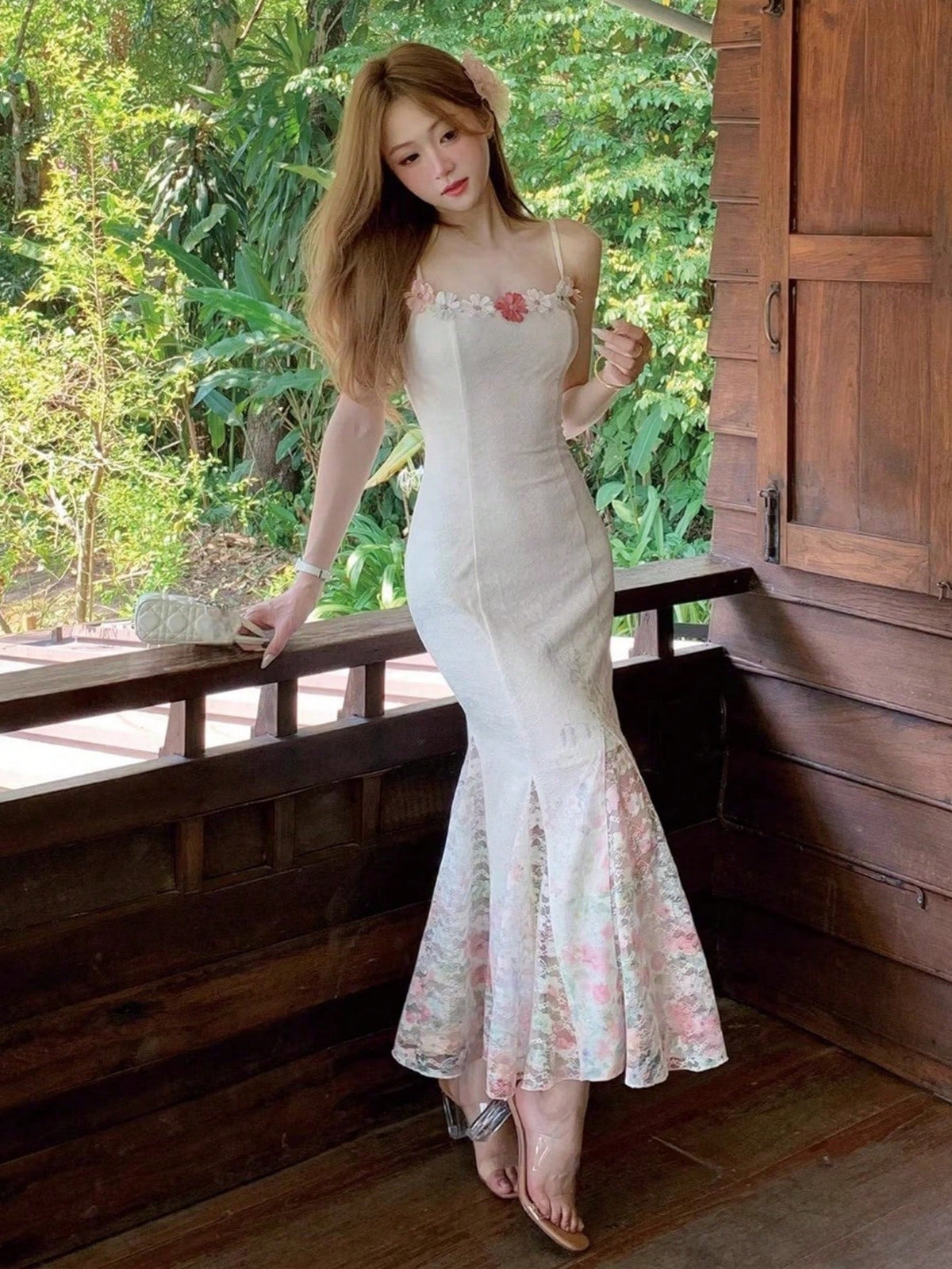 Aiertu  Women Elegant Floral Printed Lace Spliced Spaghetti Strap Mermaid Dress Chic Wedding Guest Evening Praty Dress Vacation Clothes Aiertu