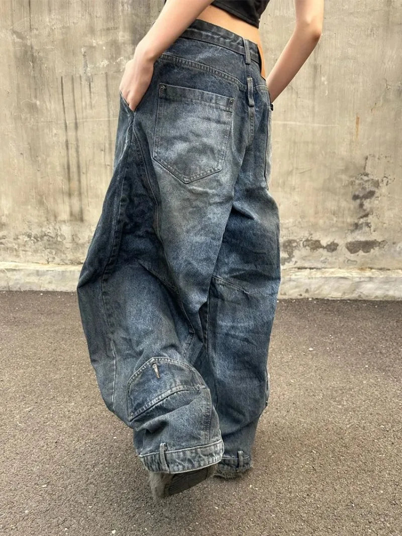 Aiertu  -  Oversized Retro Blue Washed Distressed Wide Leg Jeans Women Fashion Streetwear Hot Girls Loose Casual High Waist Straight Jeans Aiertu