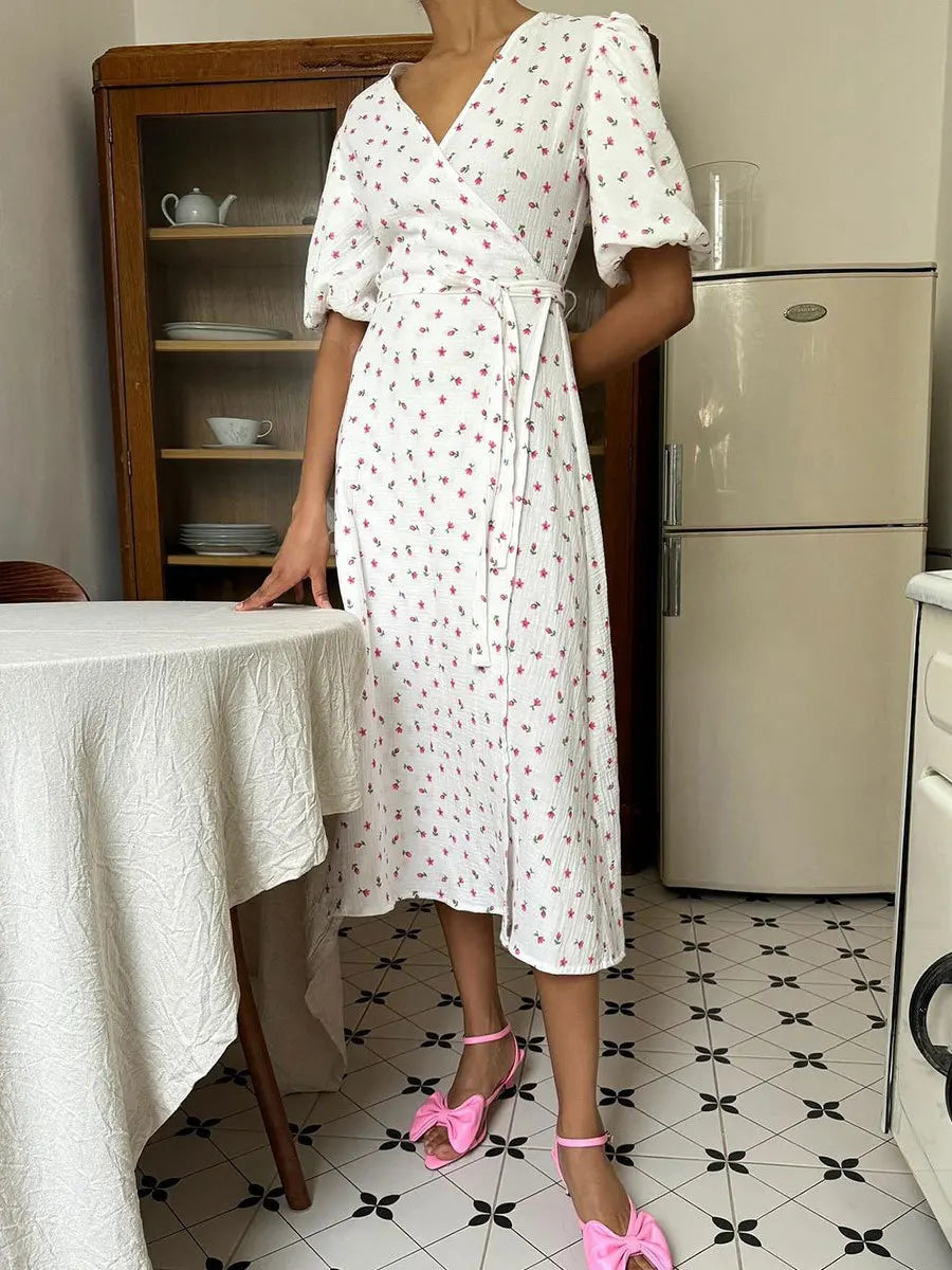 Aiertu  -  Women's V-neck Short Sleeve Floral Printed Cotton Dress Fashion Streetwear 2026 High Waist Bandage A-line Long Holiday Dresses Aiertu