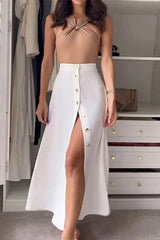 Aiertu  -  Casual Solid Color Buckle Halter Sleeveless Two Pieces Aiertu