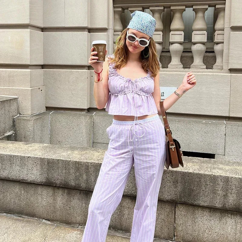 Aiertu  -  Casual Striped Ruffles Top Pants Suit Women Lace-up Sleeveless Pleated Vests Loose Wide Leg Trouser 2026 New Lady Set Streetwear Aiertu