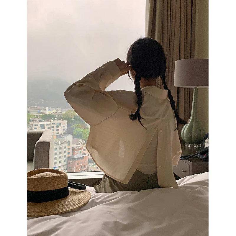 Aiertu Cropped White Split Shirts Women Elegant Long Sleeve Blouses Office Ladies Korean Fashion Solid Slit Casual Chic Tops New Aiertu