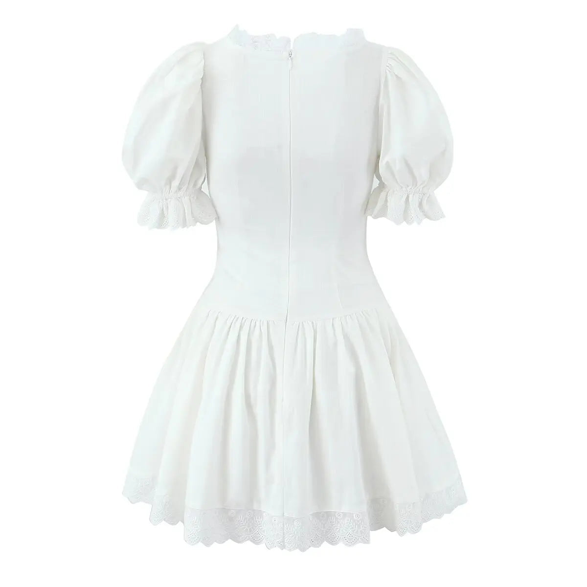 Aiertu  -  Sweet Beige Splice Lace Square Collar Bow Front Short Puff Sleeve Dress Women Lace Hem Low Waist Dresses Mini Cake Robe Aiertu