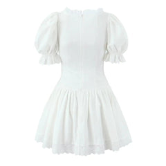 Aiertu  -  Sweet Beige Splice Lace Square Collar Bow Front Short Puff Sleeve Dress Women Lace Hem Low Waist Dresses Mini Cake Robe Aiertu