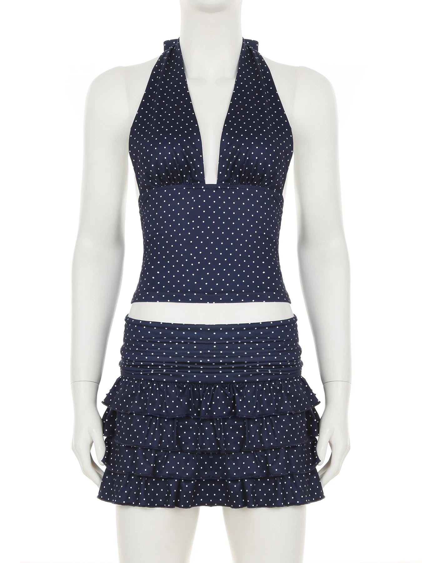 Aiertu  -  Holiday Sexy Dot Printed Dress Sets Women Beach Style Slim 2 Piece Sets Deep V-Neck Halter Tops Low-Waisted Mini Skirts Aiertu