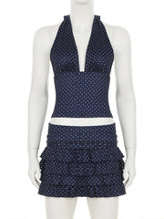 Aiertu  -  Holiday Sexy Dot Printed Dress Sets Women Beach Style Slim 2 Piece Sets Deep V-Neck Halter Tops Low-Waisted Mini Skirts Aiertu