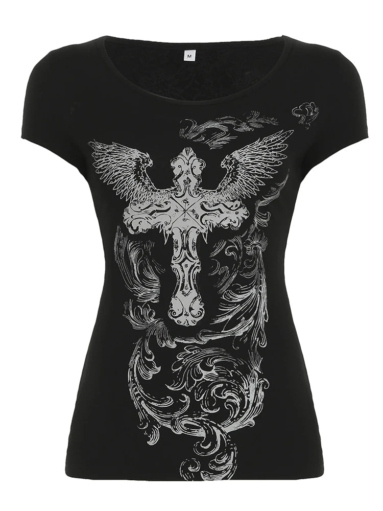 Aiertu  -  Gothic Print Black Short Sleeve T-shirt Women Chic Hollow Out Backless O-neck Tee Shirts Summer Streetwear y2k T Shirts Aiertu