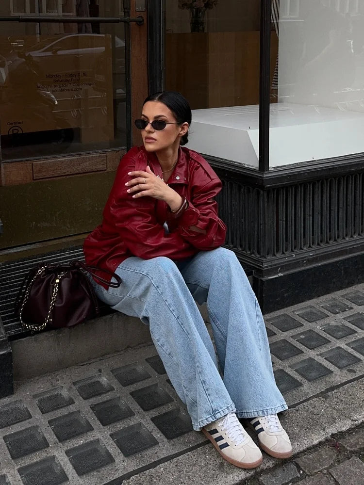 Aiertu  -  Women Vintage Wine Red Single Breasted Leather Jacket Elegant Lapel Long Sleeve Loose Short Coat Autumn Chic Lady Street Outwear Aiertu