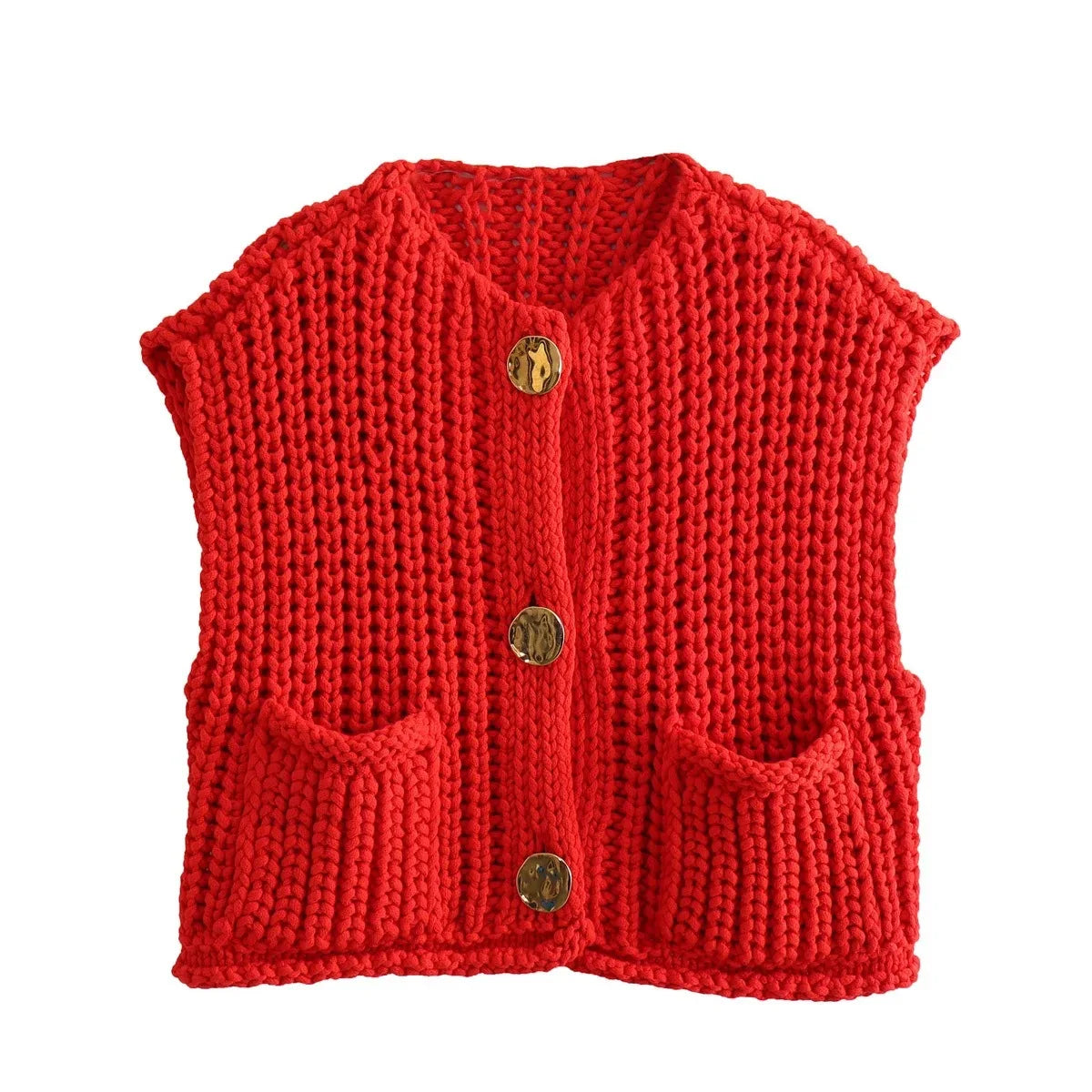 Aiertu  -  Pocket Solid Color Cardigan Women 2026 Autumn New O Neck Single Breasted Sleeveless Cropped Sweater Casual Fashion Knitted Vest Aiertu