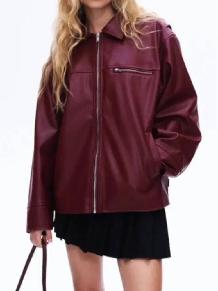 Aiertu  -  2026 New Women Solid Zipper Leather Jacket Vintage Lapel Long Sleeve Bomber Loose Coat Ins Fashion Lady Motorcycle Outerwear Aiertu
