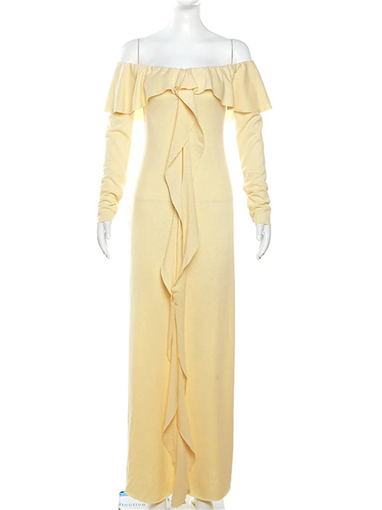 Aiertu  -  Elegant Maxi Dress Tassel Ruffles Women Slash Neck Off Shoulder Full Sleeve Ladies Evening Party Prom Slim Vestidos Aiertu
