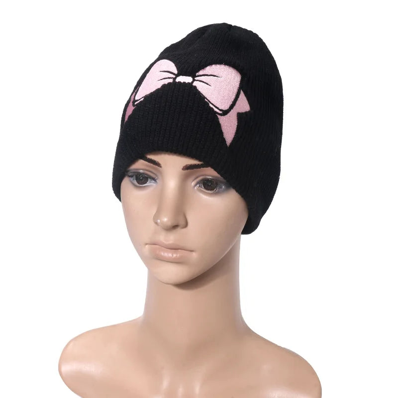 Aiertu  -  Autumn Winter Bow Embroidery Knitted Hats Women Girls Fashion Pink Bow Warm Adult Beanie Hat Korean Skullies Caps Female Bonnet Aiertu