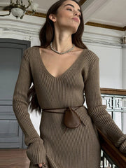 Aiertu  -  Women Knitted V-Neck Maxi Dress Slim Long Sleeve Ribbed Sexy High Waist Party Dresses Elegant Lady Solid Long Skirt 2026 Autumn Aiertu