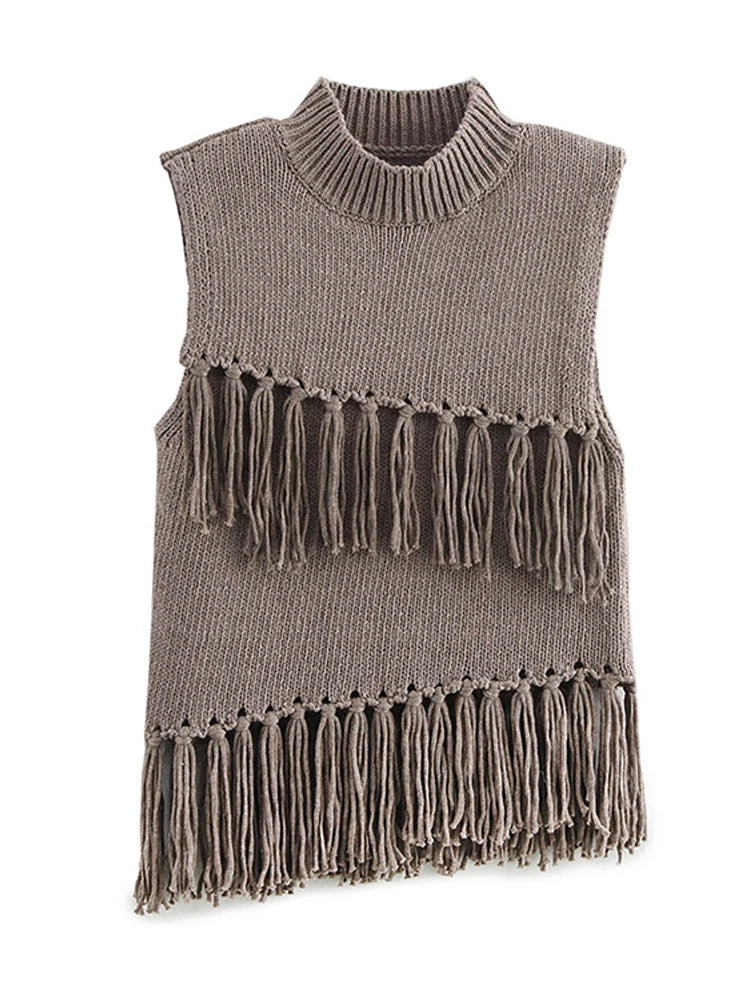Aiertu  -  Tassels Knit Vests Women Casual Loose Half Neck Sleeveless Hollow Out Vest Female Fashion Solid Soft New Knitwears Lady Aiertu
