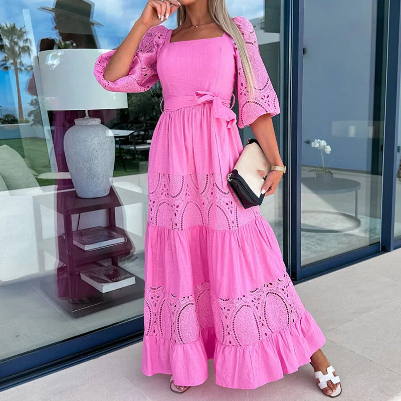Aiertu  -  Elegant Retro White Lace Jacquard Women Dress Office Ladies Temperament Off Shoulder Maxi Dresses 2026Long Evening Party Dress Aiertu