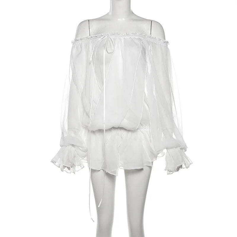 Aiertu  -  Off Shoulder See Through Long Sleeve T Shirt Women Sexy Mesh Lace Up Flare Sleeve White Loose Backless Club Hot Girl Top Aiertu