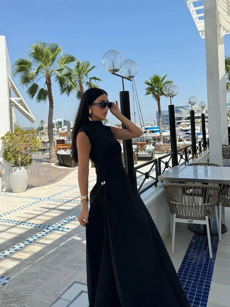 Aiertu  -  Elegant Women Slanted Collar Pleated Long Dress Solid Sleeveless Slim High Waist Loose Hem Dresses 2025 Lady Evening Party Robes Aiertu