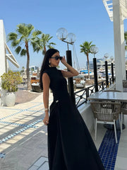 Aiertu  -  Elegant Women Slanted Collar Pleated Long Dress Solid Sleeveless Slim High Waist Loose Hem Dresses 2025 Lady Evening Party Robes Aiertu