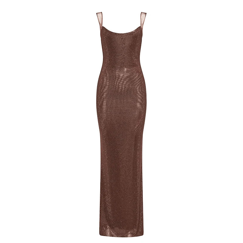 Aiertu  -  Glitter Crystal-embellished Evening Dress Women Maxi Long Open Back Sleeveless Stretchy Bodycon Dress Prom Party Gown Aiertu