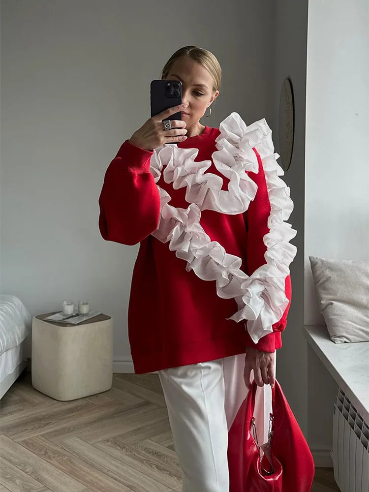 Aiertu  -  Fashion Red Love 3d Floral Knitted Hoodies 2026 Women Fashion Round Neck Long Sleeves Sweater Autumn Lady Commute Jumper Top Aiertu