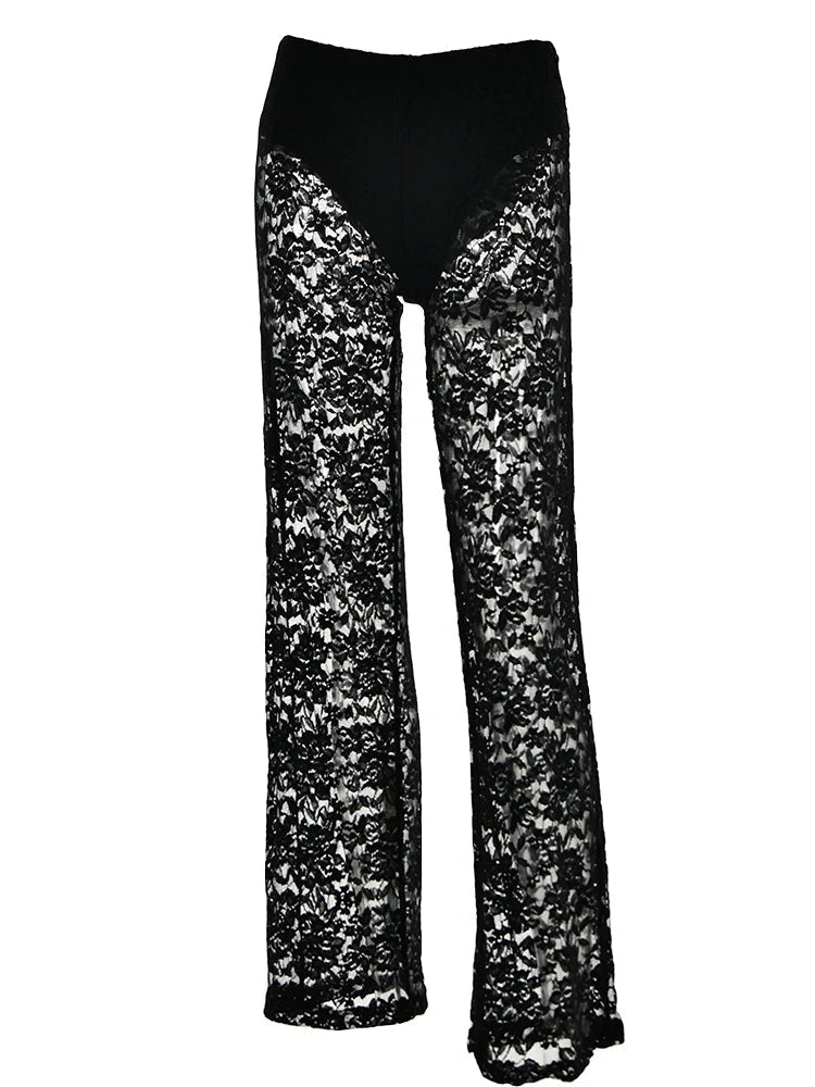 Aiertu  -  Sexy See Through Lace Women Pant White Hollow Out High Waist Two Piece Sets Female Summer Casual Outside Streetwear Aiertu