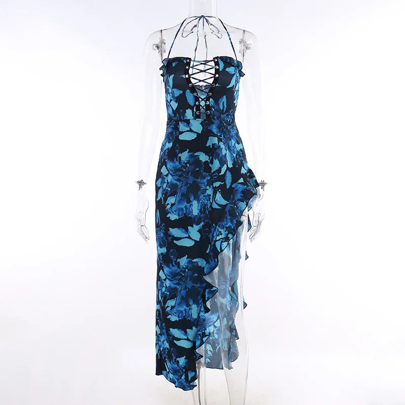 Aiertu  -  Blue Ruffle Beachwear Halter Dress Bandage Midi Dress Holiday Outfits Vacation Off Shoulder Dress Sleeveless Backless Dress Sexy Aiertu