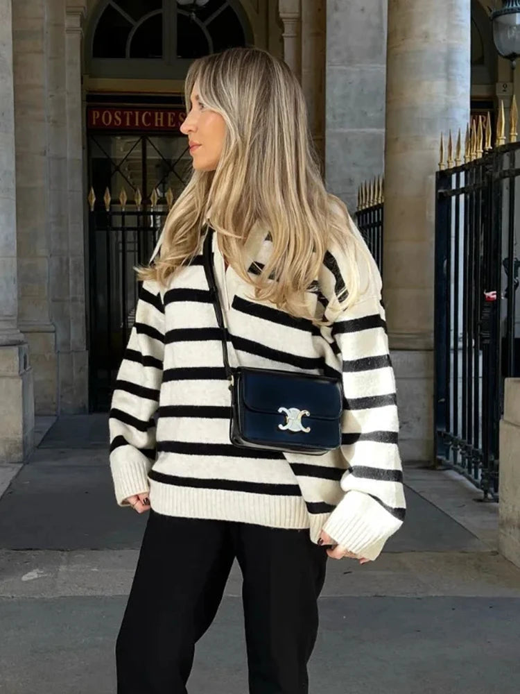 Aiertu  -  Knitted Striped Pullovers Women Casual Basic Winter Sweater Jumper Turn Down Collar Loose Vintage Sweater Sueter Mujer Aiertu