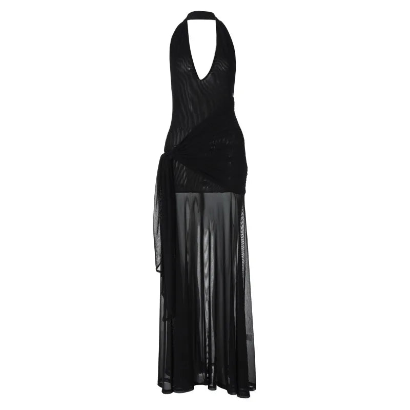 Aiertu  -  Hater Neck Backless Long Dresses See Through Mesh Black Club Dress Women Sexy Summer Clothes 2025 P15-DC35 Aiertu