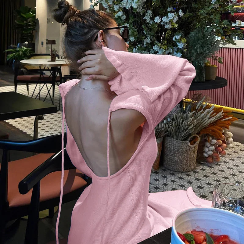 Aiertu  -   Elegant Knitted Sweater Maxi Dress Outfits For Women Flare Sleeve Sexy Backless Lace Up Dress Knitwear Party Clothes Lady Aiertu