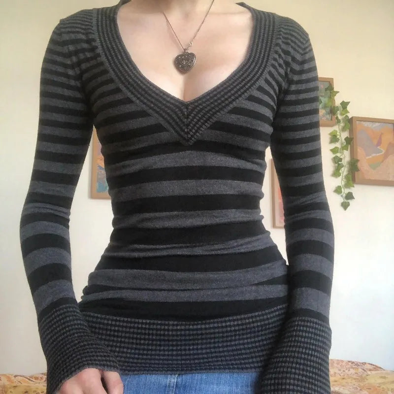 Aiertu  -  Autumn All Match American Office Lady V Neck Sweaters Y2k Aesthetic Slim Fit Harajuku Vintage Pullover Popular Striped Clothing Aiertu