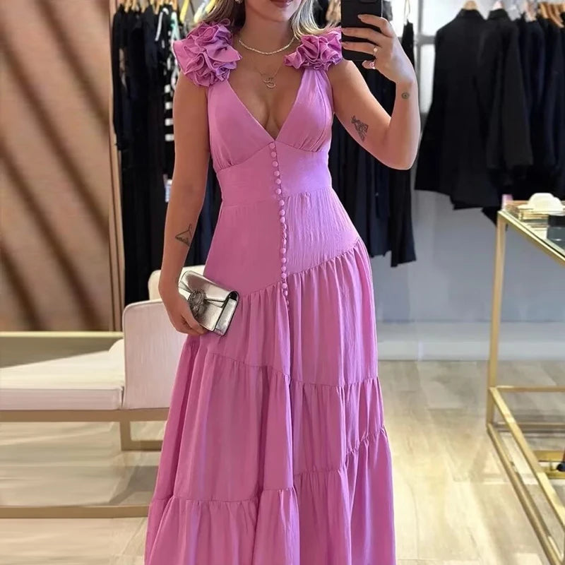 Aiertu  -  Elegant Deep V-neck Sleeveless Evening Dress Women Fashion Pleated Hight Waist Long Dress Sexy Backless Solid Slim Party Dresses Aiertu