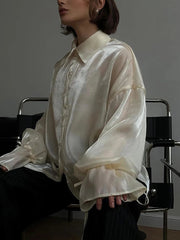 Aiertu  -  layered look inspo Turn-down Collar Button Women Blouses Beige See Through Long Sleeve Blouses Female Winter Loose Casual Streetwear Aiertu