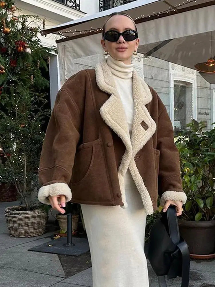 Aiertu  -  Vintage Patchwork Women Jacket Lapel Lamb Wool Pocket Lady Coat 2024 Fashion Full Sleeve Autumn Winter Warm Thicken Female Top Aiertu