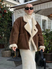 Aiertu  -  Vintage Patchwork Women Jacket Lapel Lamb Wool Pocket Lady Coat 2024 Fashion Full Sleeve Autumn Winter Warm Thicken Female Top Aiertu