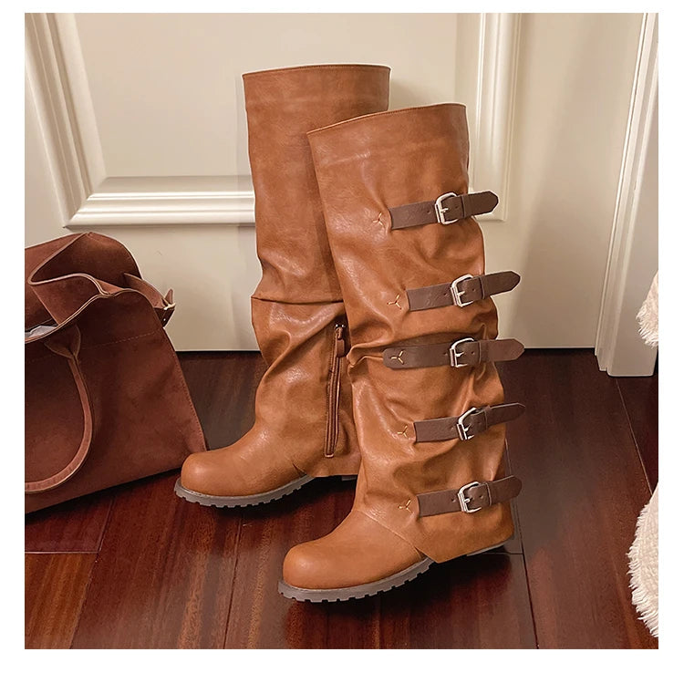Aiertu    -  Women Knee-high Boots Summer Shoes Woman Knight Boots Woman Designer Buckle Chelsea Long Botas Pu Leather Motorcycle Shoes Aiertu