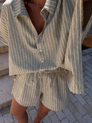 Aiertu  -  Solid Cotton Short Two Piece Set Women Outfit Stripe Long Sleeve Shirts Shorts 2 Piece Sets Simple Style Lady Suit Spring Aiertu