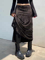Aiertu - summer inspo Retro Brown Leopard Y2K Long Skirts Women Lace Trim Hem Two Layers Mesh Vintage Aesthetic Elegant Fashion Women Clothing Aiertu