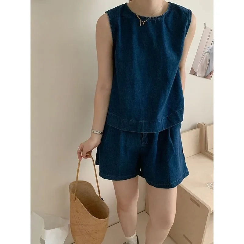Aiertu  -  Sweet Hot Girl Denim Suit Women's Summer Casual O-neck Sleeveless Top High Waisted Shorts Two-piece Set Fashion Female Clothes Aiertu