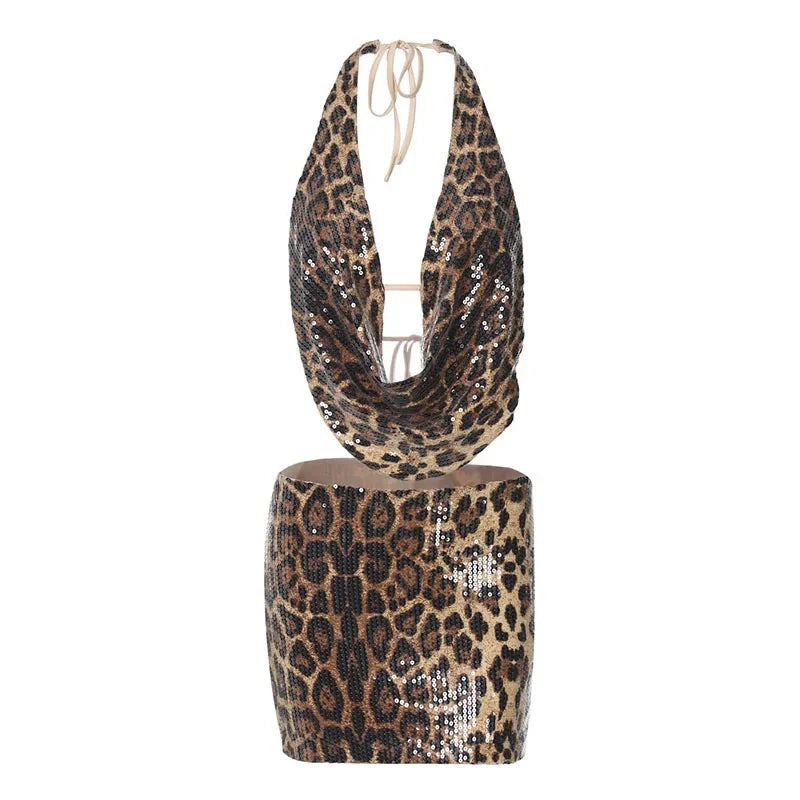 Aiertu  -  Sexy Leopard Sequined Women Skirt Suits Sleeveless Backless Lace Up Halter Top Mini Skirt 2025 Summer New Fashion Female Sets Aiertu