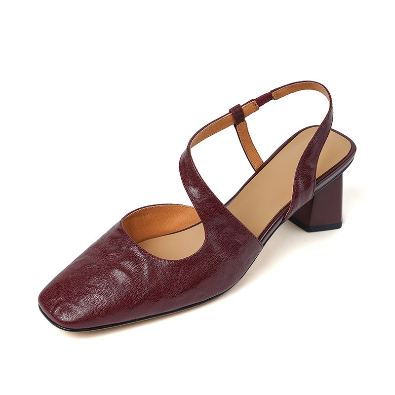 Aiertu  New Summer Women Sandals Genuine Leather Shoes for Women Square Toe Chunky Heel Shoes Simple Cover Toe Slingback Buckle Sandals Aiertu