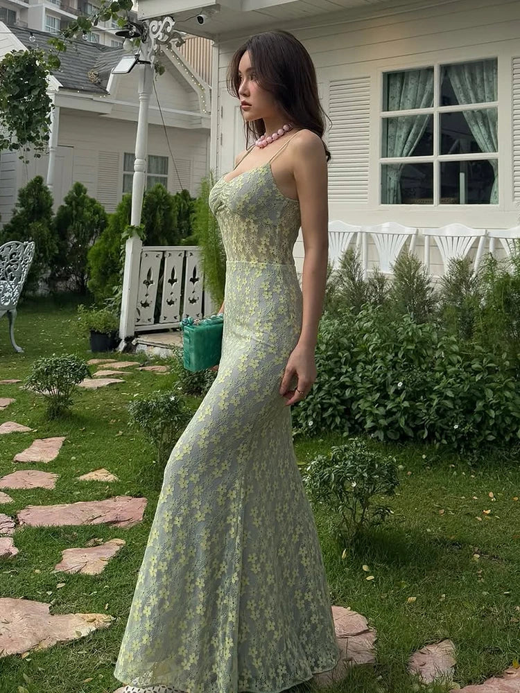 Aiertu  -  Elegant Dress Women Jacquard Sleeveless Flower Backless Fashion Low-Neck See Through Vacation Birthday Party Vestidos Aiertu