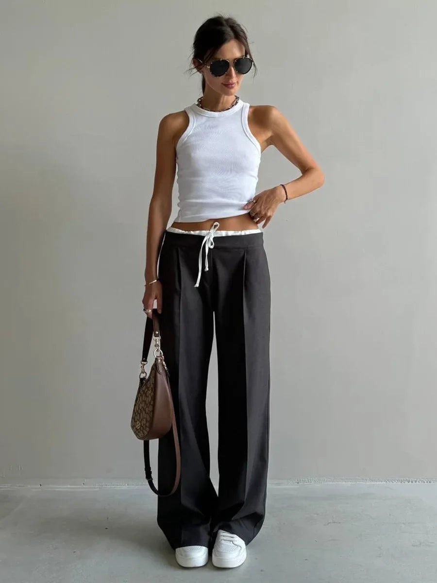 Aiertu  -  Women's Spring New Fake Two Piece Lace Up Loose Casual Pants Fashion Straight Leg Pants Female Retro Commuter Suit Pants Aiertu