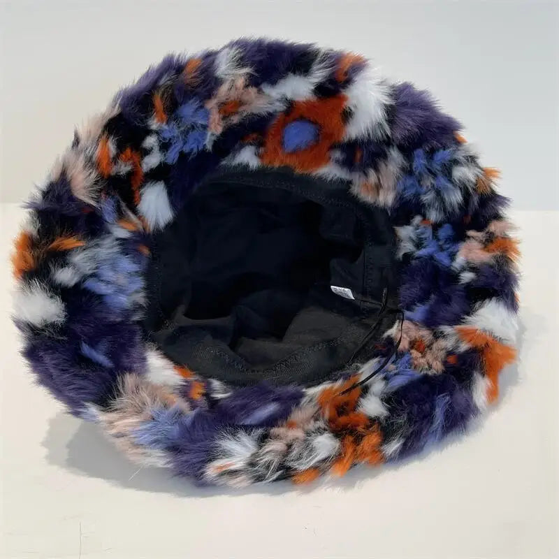 Aiertu  -  Rainbow Spliced Fisherman Hat Multi color Fashion Autumn and Winter ins Fur Fisherman Hat Warm Pot Hat Show Small Face Aiertu