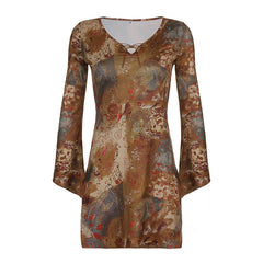 Aiertu - Street Spice Retro Floral Flared Sleeve Dress Aiertu