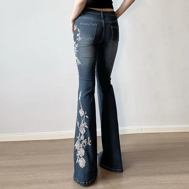Aiertu  -   Y2K Rose Embroidered Trumpet Jeans Women Fashion Aesthetic Slim Flare Pants Vintage Blue 2000s Denim Trousers Spring Aiertu