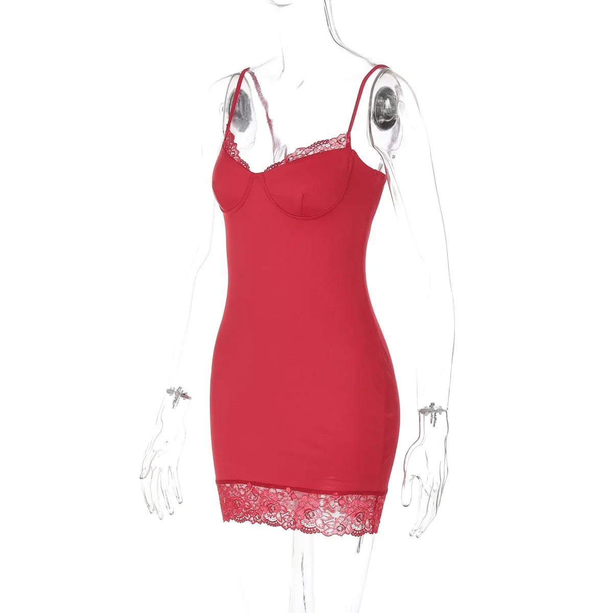 Aiertu  -  Fashion Spaghetti Strap Red Dress Streetwear 2026 Summer Women's Chic V-neck Lace Patchwork Mini Party Dresses Night Club Outfit Aiertu