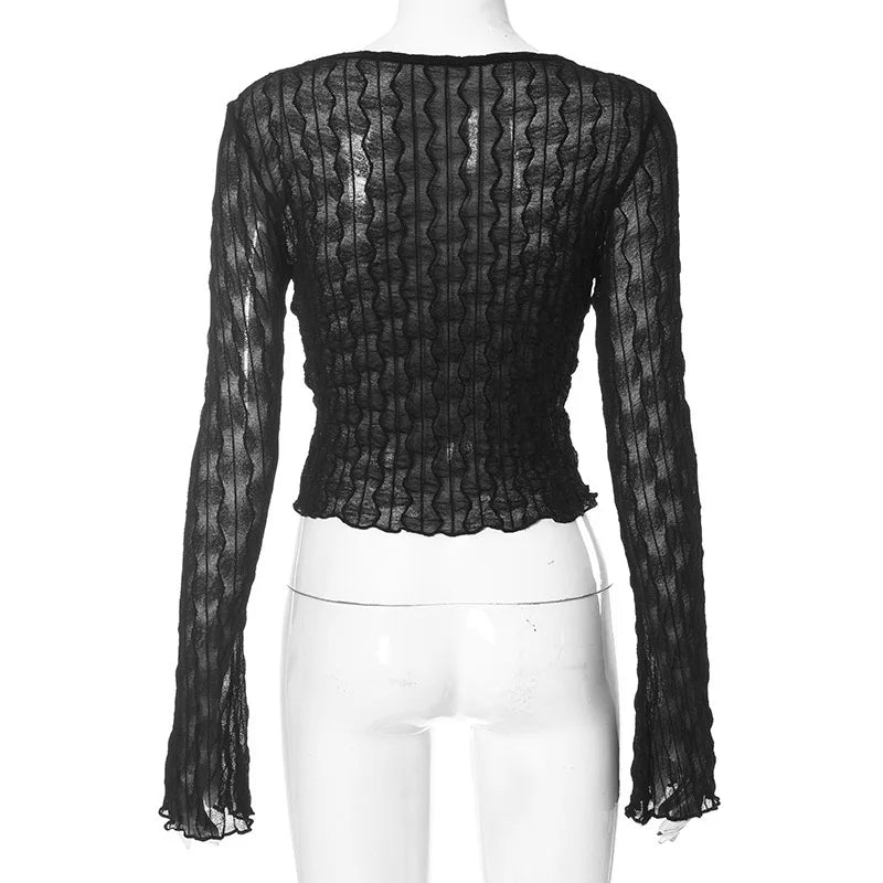 Aiertu  -  Crew Neck Sheer Mesh Low Cut Long Sleeves Bandage Lace Up T-Shirt Crop Top Spicy Girl Vintage Fashion Autumn Streetwear Aiertu