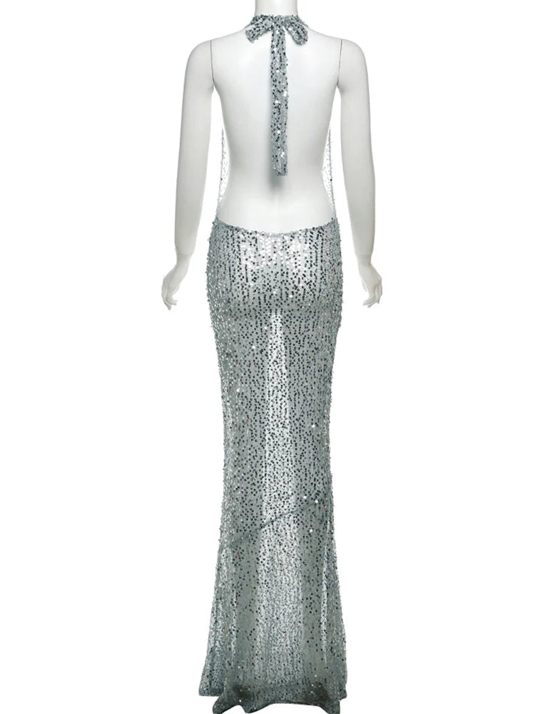 Aiertu Shiny Sequins Sexy Women Long Dress Stunning Halter Lace Up Swinging Neck Backless Sheath Vestidos Female Club Party Robe Aiertu